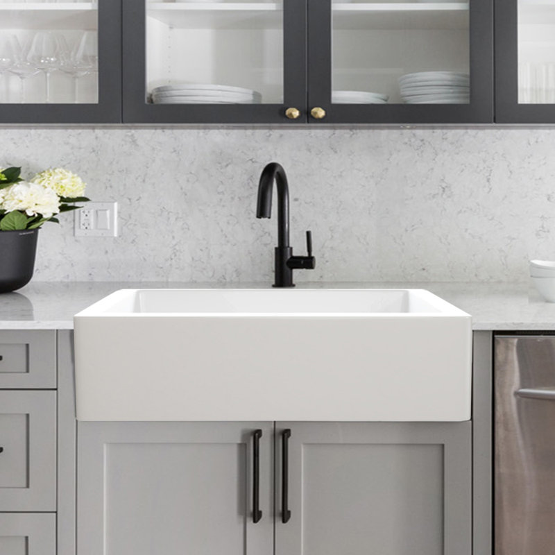 Évier de cuisine en argile réfractaire l 30 po x P 19 po, cuve simple à tablier blanc, L 30 po x P 6,7 po