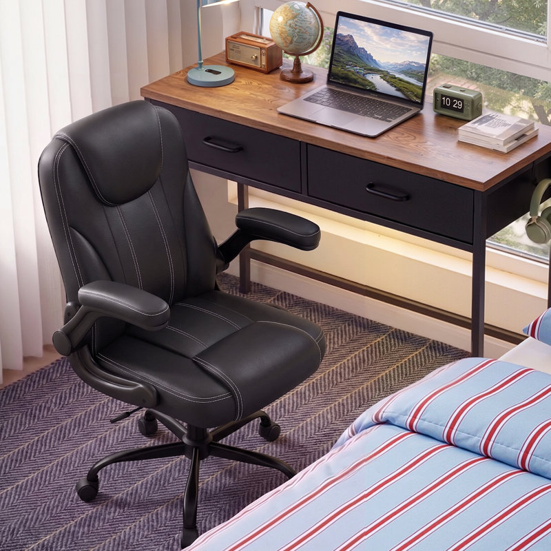 Ergonomic Executive Leather Office Chair, Tilt Adjustment Swivel Desk Chair With Flip-Up Arms And Water-Resistant Upholstery