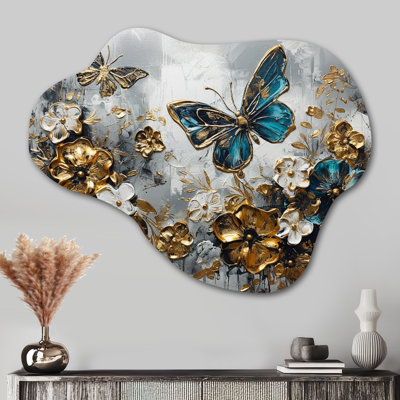 Golden Blue Butterfly Wings And Flowers V - Cloud Floral Metal Wall Decor, Asymmetrical Metal Wall Sculpture Print