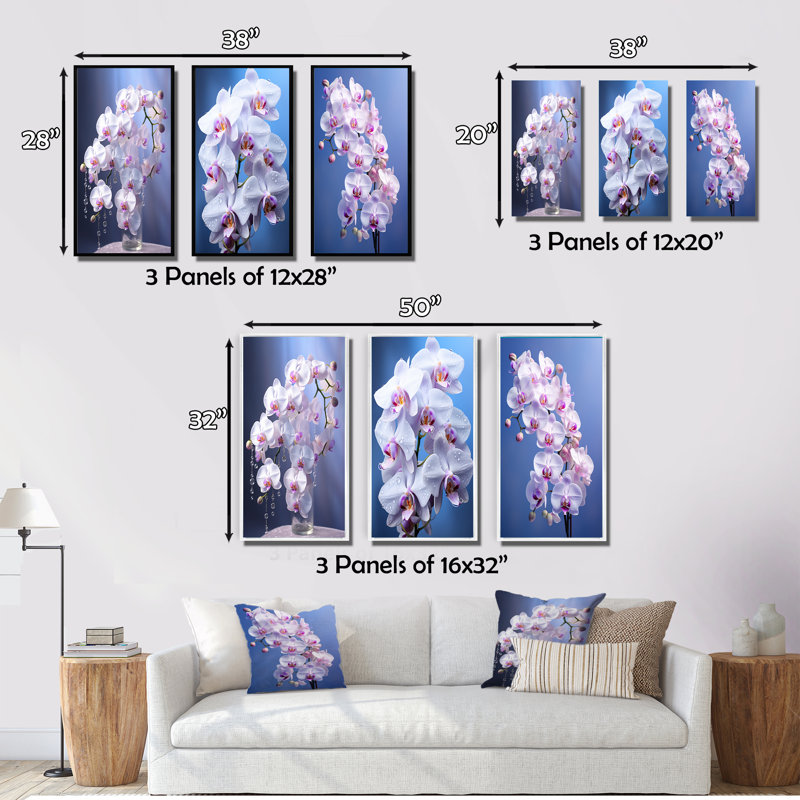 «Purple Orchids Elegance», 3 pièces sur toile, Cadre flottant noir, H 40 po x l 60 po