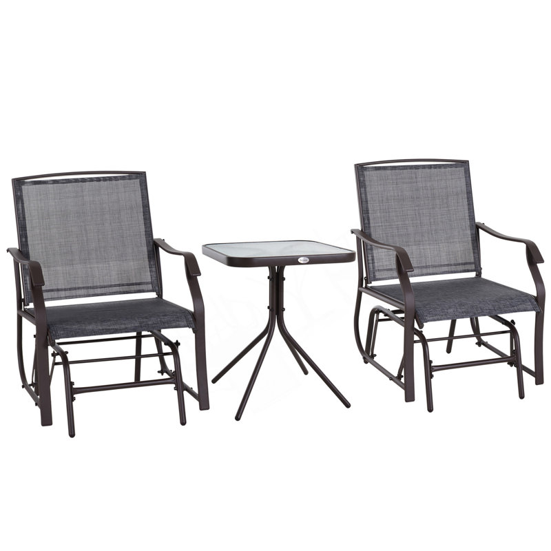 Ensemble de balançoire d'extérieur 3 pièces avec table basse en verre et assise en toile respirante, Noir