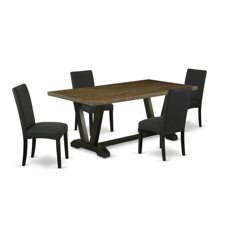 Ensemble de salle à manger 5 pièces comprenant une table de cuisine rectangulaire avec pieds en V et 4 chaises de salle à manger Parson en tissu lin noir, 101,6 x 182,9 cm (40 x 72 pouces).