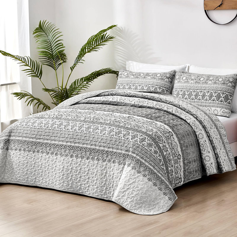 Ensemble de 3 courtepointe Boho Bohemian, Gris, Courtepointe très grand et 2 très grandes taies 