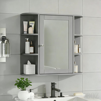 Armoire de rangement de salle de bain avec miroir, armoire à pharmacie avec tablette en bois réglable et portes, armoires de rangement montées avec 6 tablettes ouvertes, gris