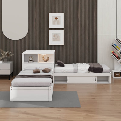 L-Shaped Platform Bed With Trundle, Wooden Corner Bed With LED Light, Desk, Cabinets & Built-In Headboard