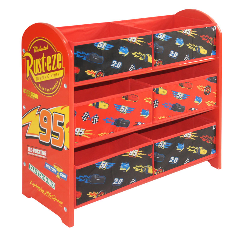 Disney Cars Lightning Mcqueen Toy Storage Unit: 6-Box Organizer for Bedroom - Made from Engineered Wood/Fabric/Metal - Easy Assembly and Clean Up