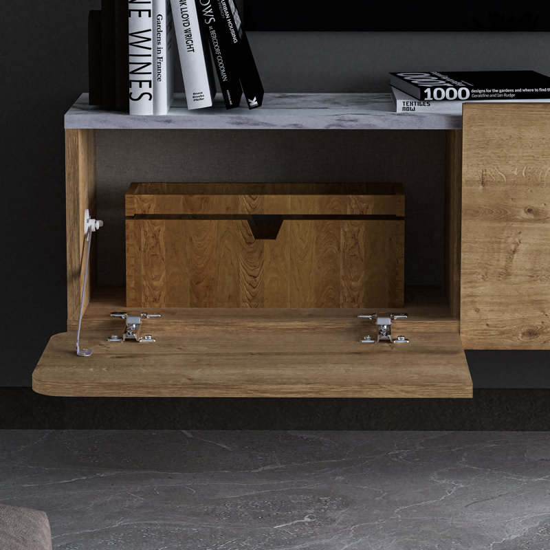 Bertice Floating Tv Unit For Tvs Up To 80", Oak Wood/White Marble