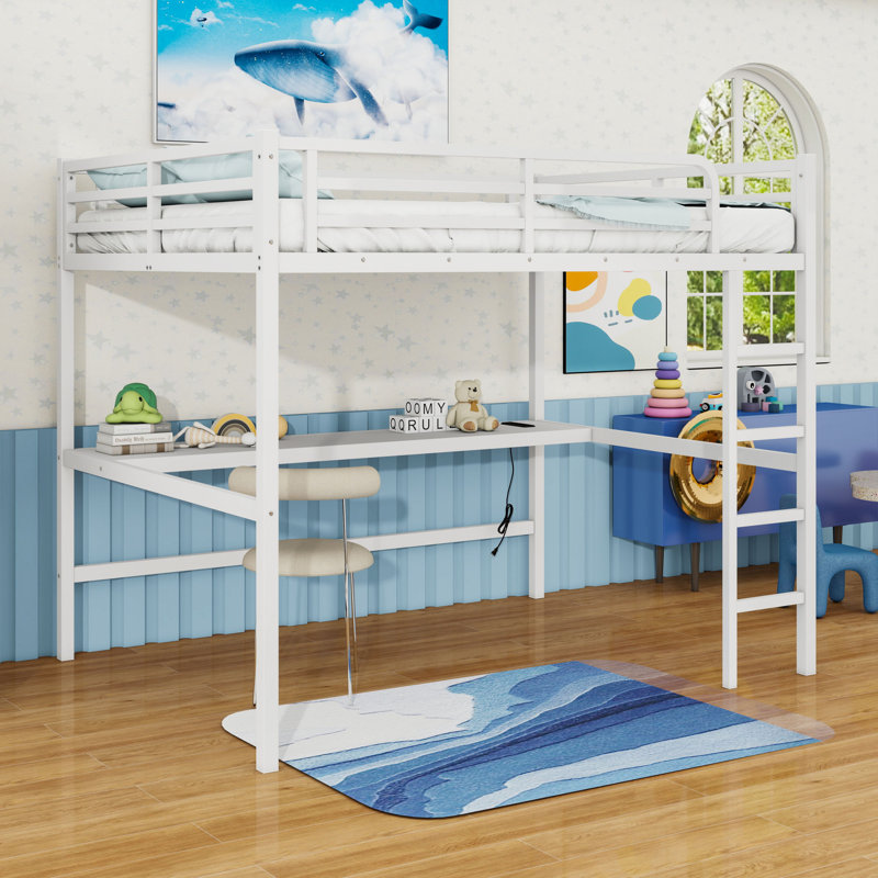 Queen Metal Loft Bed With Built-In-Desk And LED And Charging Station