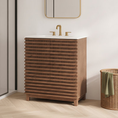 Meuble-lavabo de salle de bain en MDF de 76 cm (30 po) avec lavabo en céramique, meuble autoportant avec portes cannelées et rangement