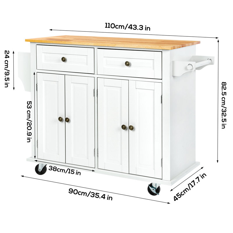43.3'' Wide Rolling Kitchen Island with Storage and Solid Wood Top, White