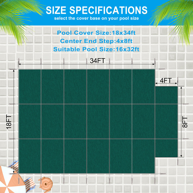 Premium 16X32ft Rectangular Inground Pool Safety Cover With 4X8ft Step, Green Mesh, Green