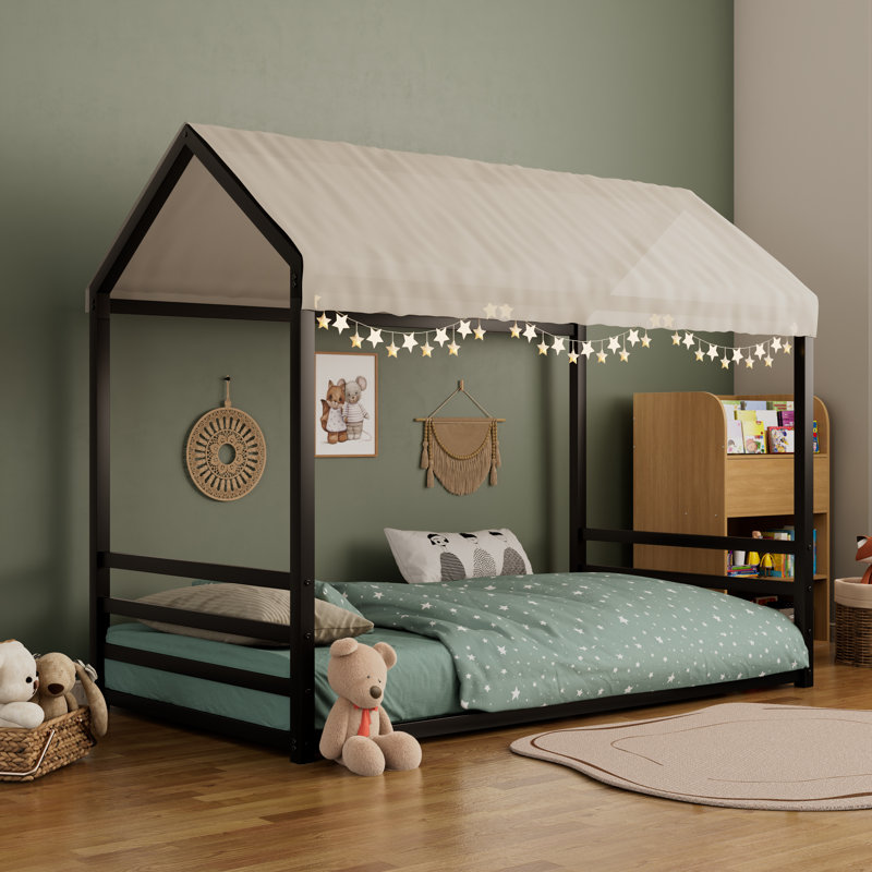 Structure de lit en métal style Montessori avec garde-corps de sécurité en forme de maison, Lit simple, Noir
