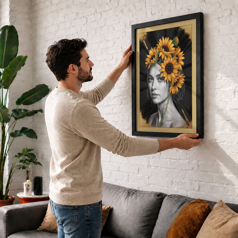 Sunflower Crown Boho - Framed Print, A1 - 84.1 x 59.4 cm, Black