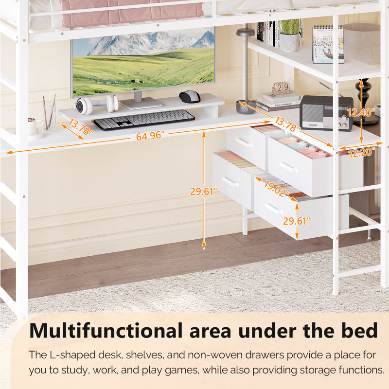 White Full Metal Loft Bed Frame With L-Shaped Desk, 2 Charging Stations, Storage Shelves, 4 Drawers, LED Lights, White