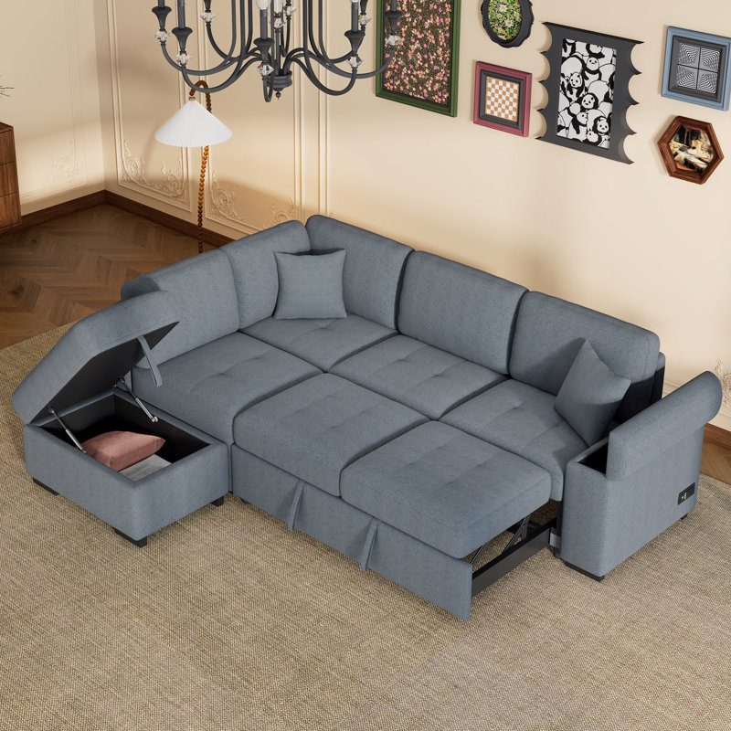 Canapé-lit modulaire en forme de L, canapé-lit d'angle en forme de L avec repose-pieds avec rangement et accoudoirs cachés et charge USB pour le salon