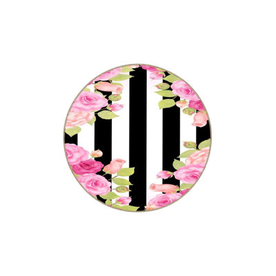 Pink Daisy Modern Floral Gray Striped Decorative Machine Washable Rug