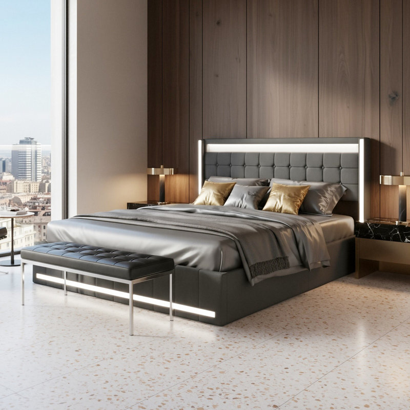 Storage Bed With 4 Drawers, USB Ports & LED Lights, Linen Upholstered Wingback Bed Frame, Grey & Beige, Grey