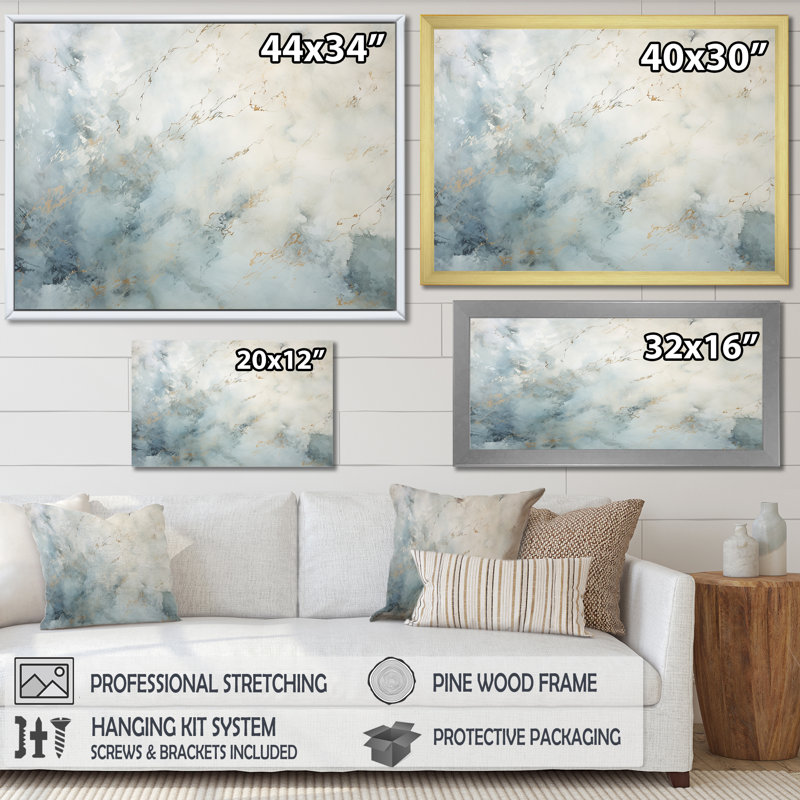 «Blue and White Snow Blooming - Abstract Shapes», art mural, Cadre flottant doré, H 16 po x l 32 po x P 1 po