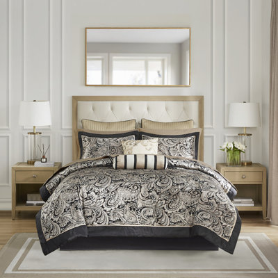 12 Piece Comforter With Cotton Sheets, Black, Queen Size. Comprises Comforter, Shams, Pillows, Bed Skirt & Sheets. Delightful Paisley. Easy And Convenient To Maintain Queen. Exquisite Simple Cleanse