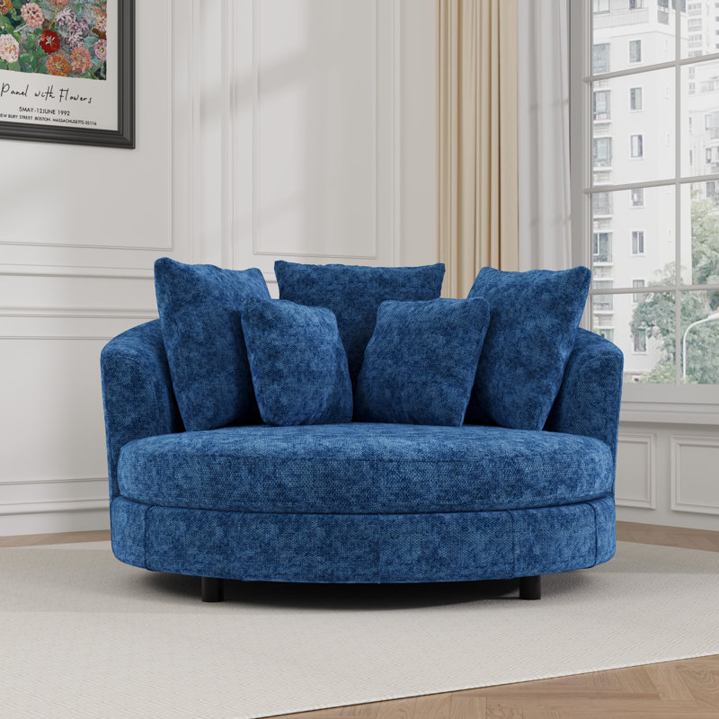 59.8" W Oversized Barrel Chair,Chenille Sofa Chair  With 5 Pillows, Blue