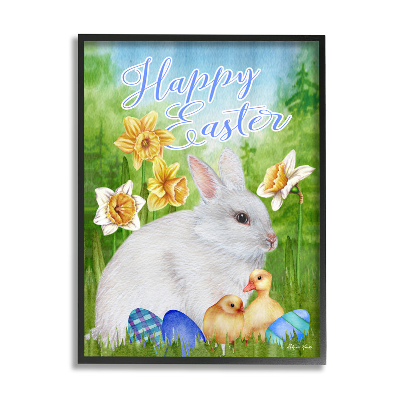 Joyeuses Pâques, printemps, lapin, phrase Ba, poussins, Sheri H, Giclée encadrée noir minuit, H 24 po x l 30 po