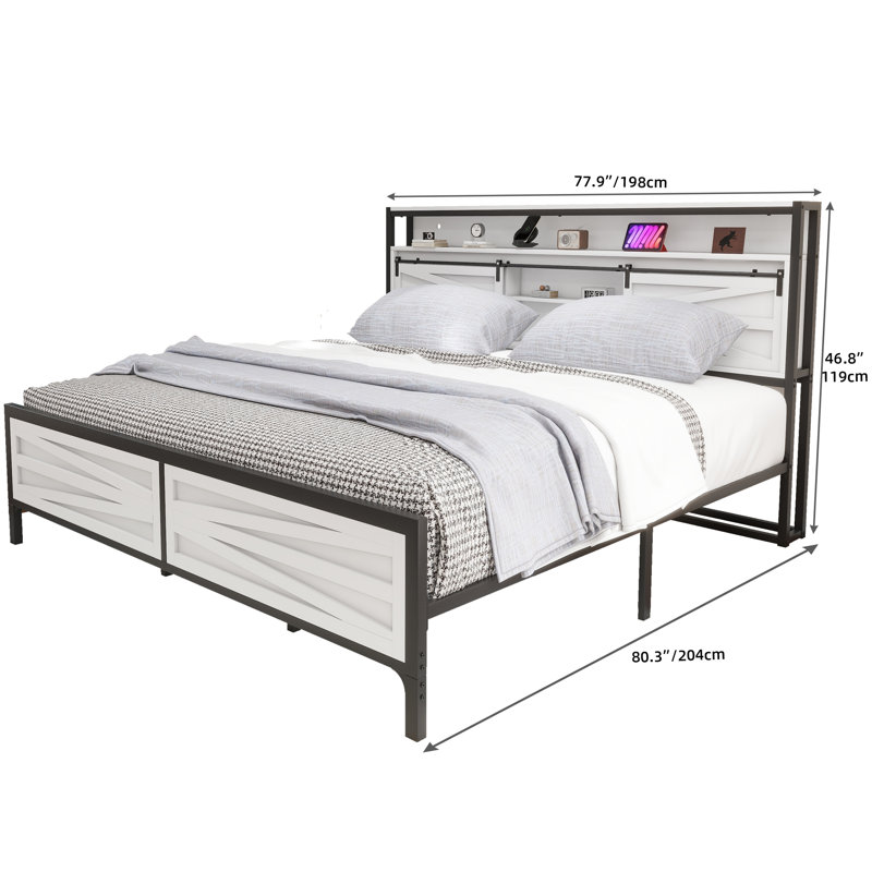 Platform Storage Bed with Bookcase Headboard and LED Lights, King
