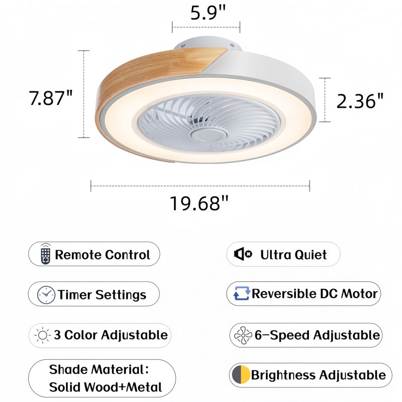 Ventilateurs de plafond encastrés modernes 19,7 "avec lumière DEL à intensité variable Blodgett, Blanc, bois