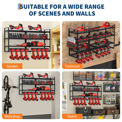 Power Tool Organizer,  Drill Holder Wall Mount, Heavy Duty 4-Layer Drill Storage Shelf Loads 400Lbs, 8 Drill Holders and Drill Bit Rack, Utility Power Tool Storage for Garage Workbench