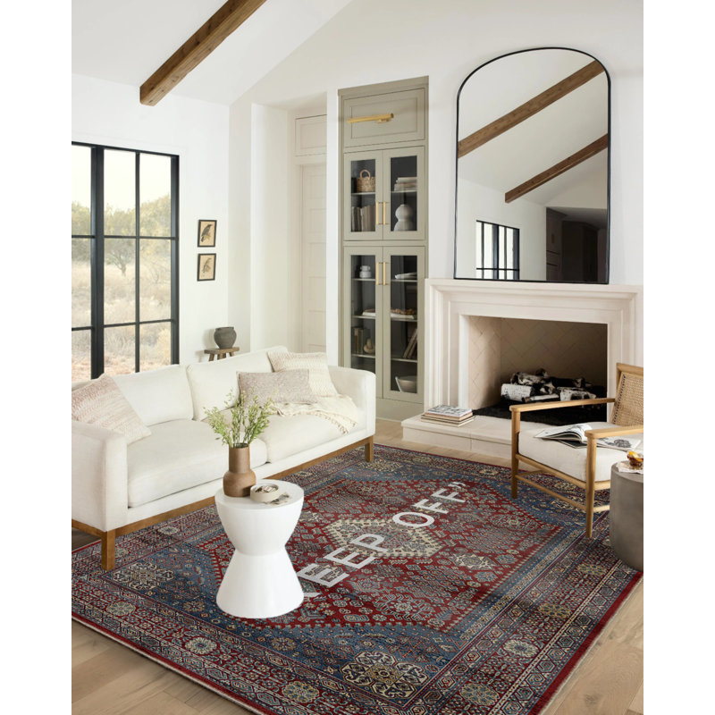 Tapis persan rouge rétro à motif de tapis Keep Off, Rectangle 2 pi 8 po x 5 pi
