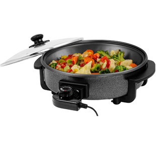 Electric Skillet By Cucina Pro - 18/10 Stainless Steel, Frying Pan with Non  Stick Interior, with Glass Lid, 12 Round, Temperature Control Probe for