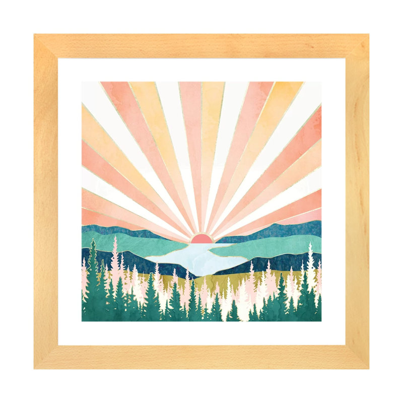 Coucher de soleil d'été - impression, H 16 po x l 16 po x p 1 po, Blanc, Toile avec cadre en bois beige