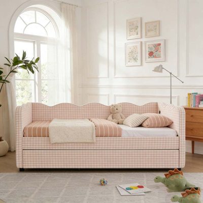 Lit de jour avec lit gigogne simple sans sommier, avec port USB et adorable forme de vague
