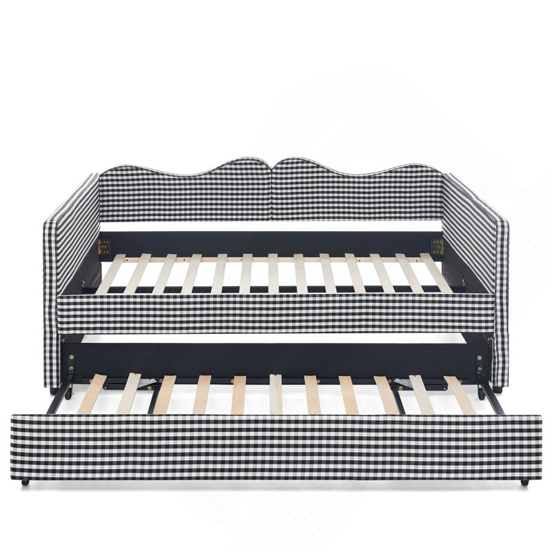 Lit de jour double, lit de jour rembourré en vichy équipé d'un cadre gigogne escamotable et d'une poche de rangement latérale, canapé-lit multifonctionnel en bois massif pour chambre d'enfant et chambre d'amis