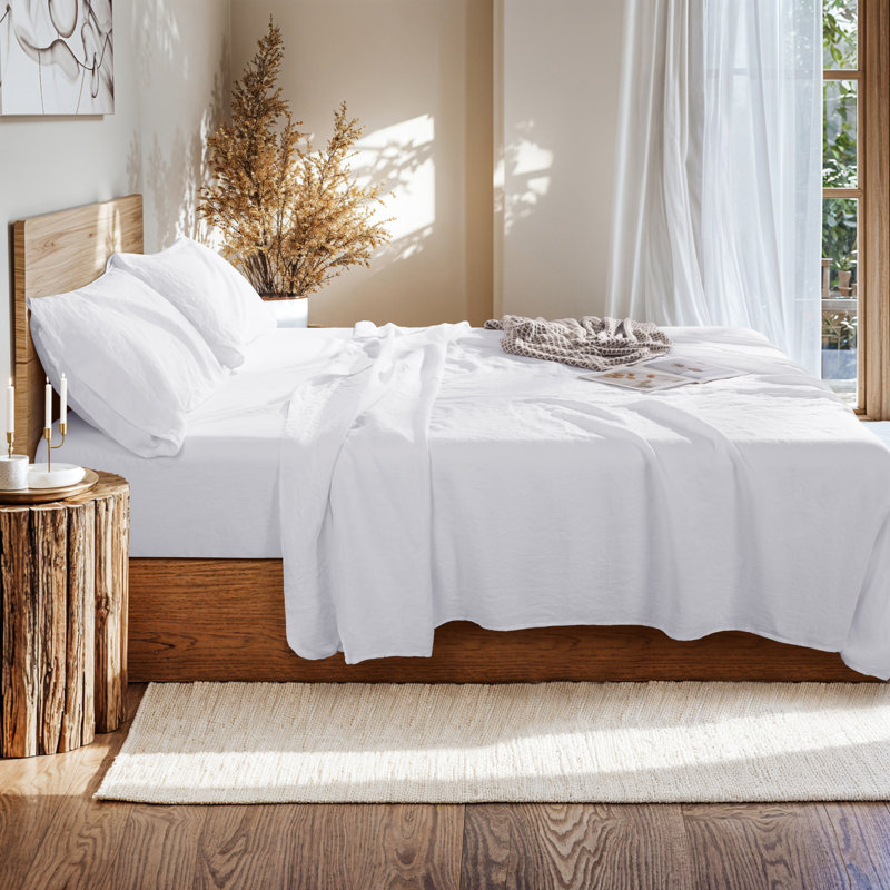 Natural Linen Cotton Bed Sheets Set，Deep Pocket- 4 Pcs, Queen, White