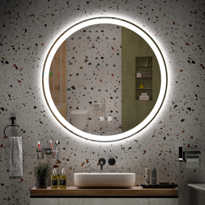Gaulrapp Frameless Anti Fog LED Bathroom Mirror Dimmable Wall Mounted Vanity Mirror with Memory Function, 32" x 32"