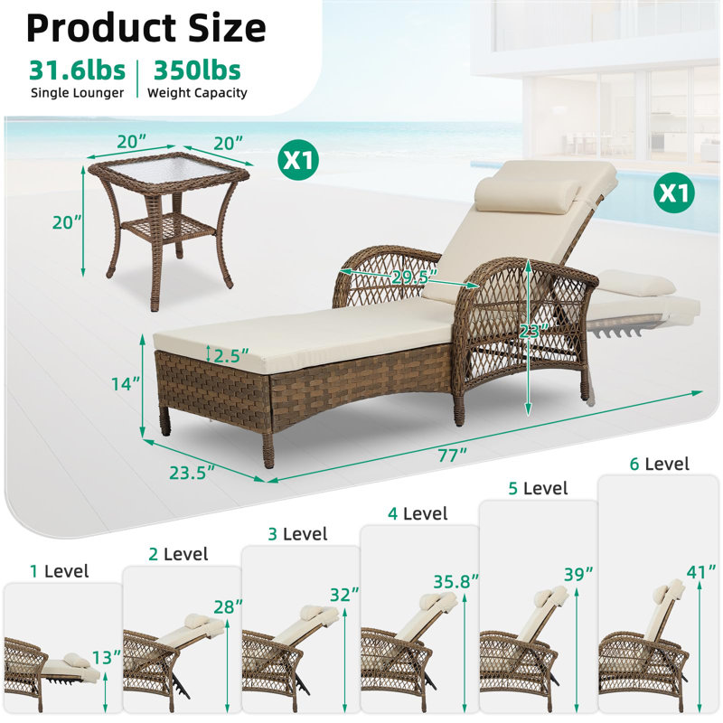 Outdoor Wicker Chaise Lounge Chair With Side Table, All Weather Pe Rattan Patio Lounge Chair With Cushion, 6-Positions Adjustable Pool Reclining Sunbathing Chair, Armrest & Head Pillow, Beige