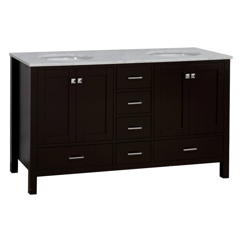 Ensemble de meuble-lavabo double 60 po Claudett, Chocolat, Carrara d'ingénierie