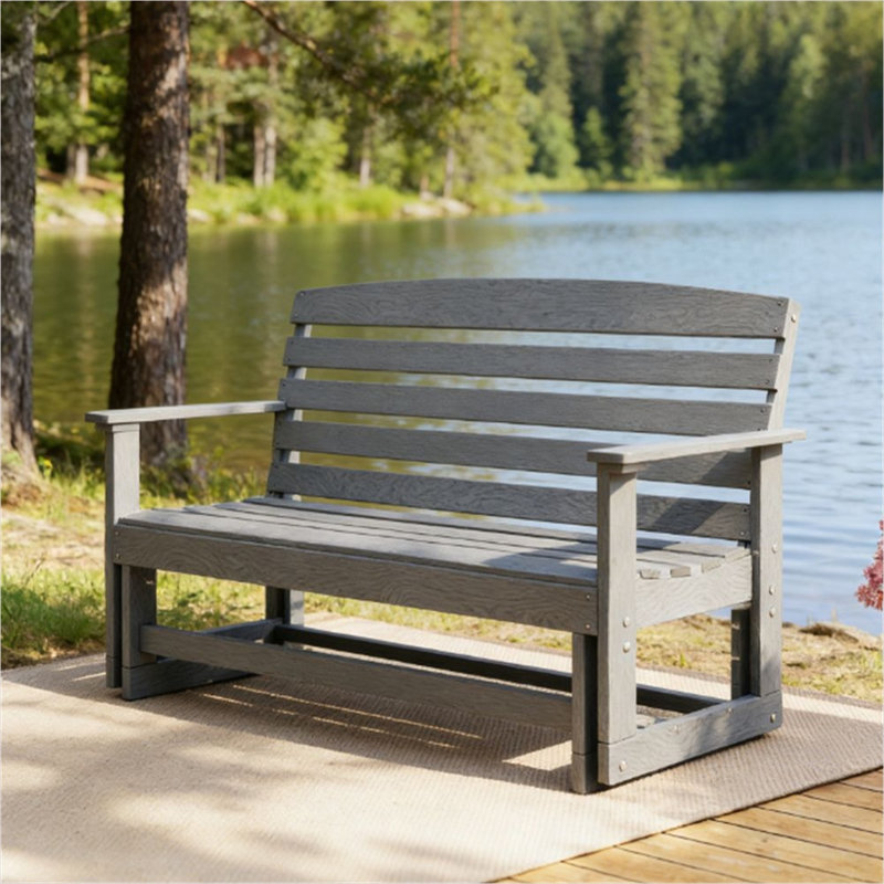 Banc oscillant deux places avec accoudoirs et surface à lattes en PEHD gris neutre