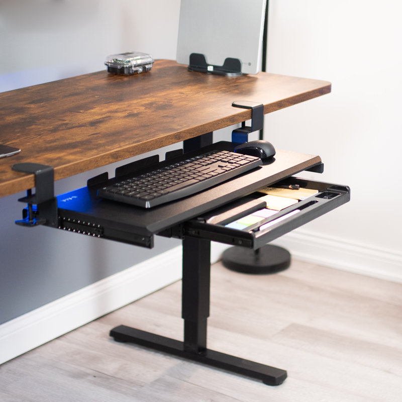 Black Adjustable Metal Clamp-On Keyboard Tray with Drawer