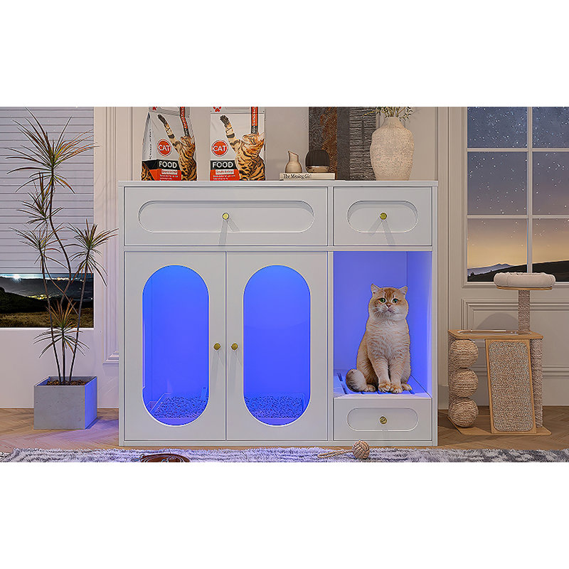 Enceinte de litière pour chat avec lumière DEL, tiroirs de rangement et conception de labyrinthe à entrées multiples pour chats d'intérieur.