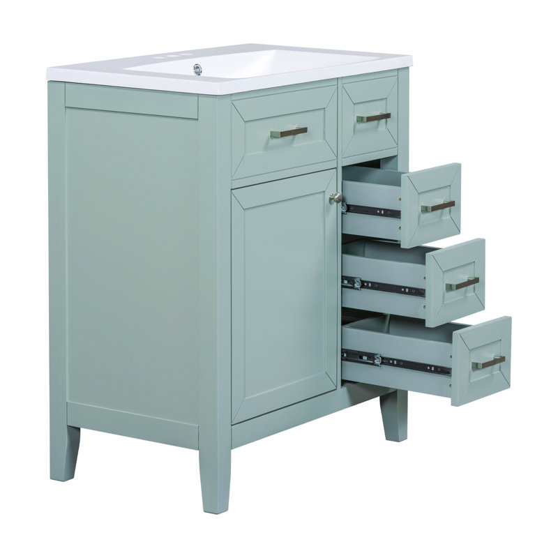 Meuble-lavabo de salle de bain Junie 30 po, armoire avec système d'organisation de bacs. Style moderne. Bois massif et construction. Lavabo de lavabo en céramique. Assemblage. Système de support d'eau.