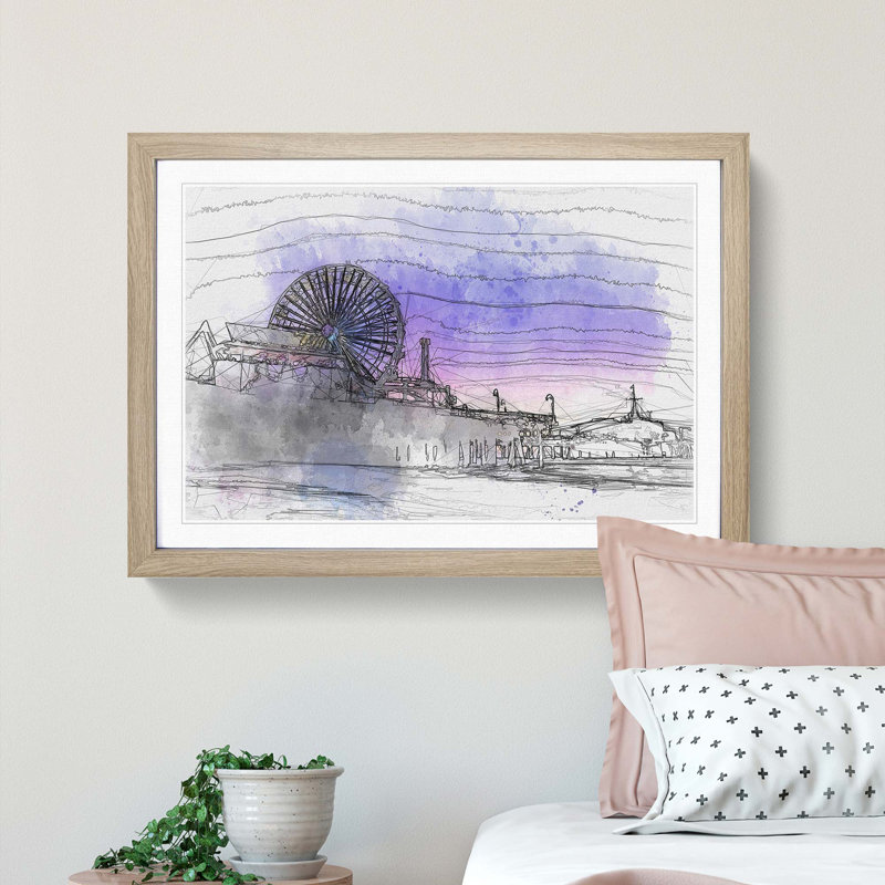 Santa Monica Pier Fairground in Abstract - Picture Frame Graphic Art Print, Oak, 60cm H x 91cm W x 2cm D
