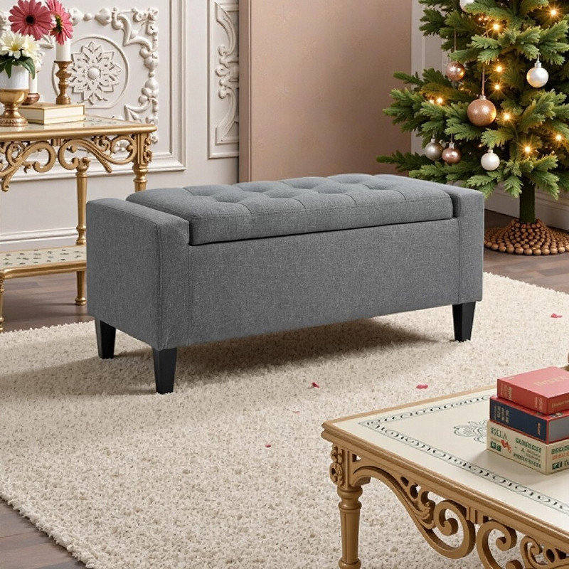 Banc de rangement rembourré en lin de 36,25 pouces avec dessus relevable, capitonnage à boutons et pieds en bois d'hévéa