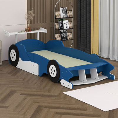 Twin Size Race Car-Shaped Platform Bed With Wheels, Wood Car Bed Frame For Kids, No Box Spring Needed