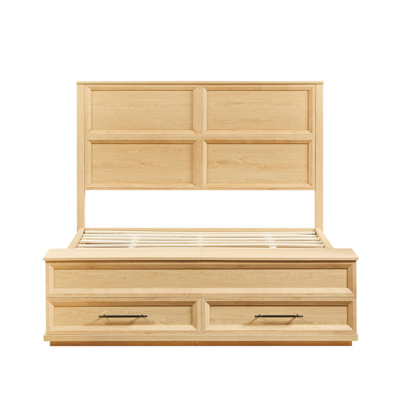 Lit plateforme en bois massif avec tête de lit géométrique 3D, banc de rangement et 4 tiroirs Ceyra, Queen, Oak