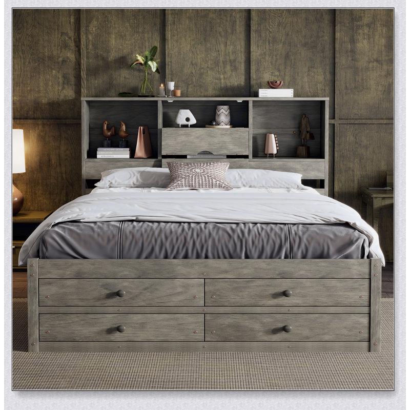 Platform Bed With Storage Headboard And 8 Drawers, Grand lit, Gris