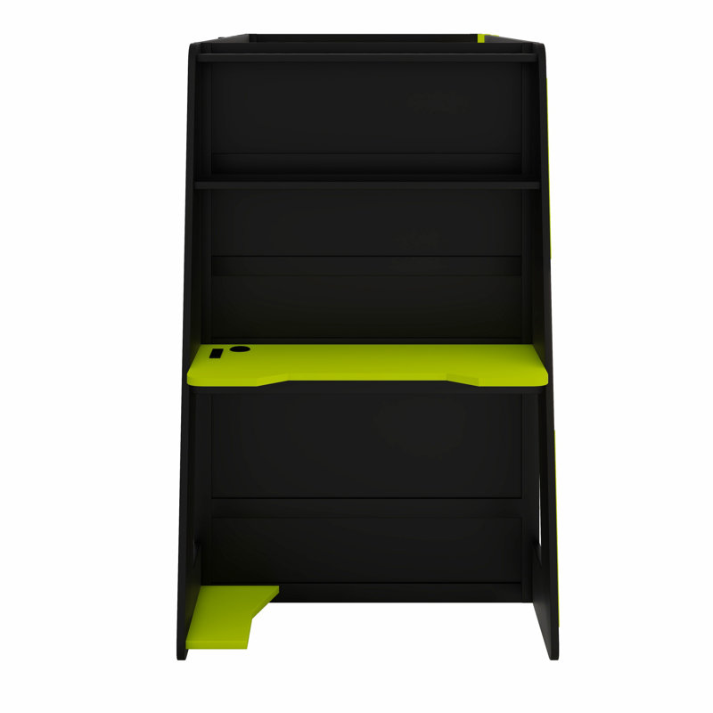 Élégant lit mezzanine en bois avec bureau, tablettes et lumière RVB, Noir/vert