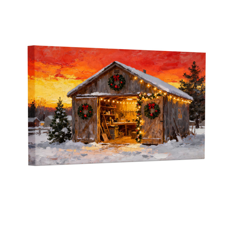 Grange de Noël avec lumières et couronnes, ensemble de 3 impressions d'art sur toile, H 20 po x l 30 po