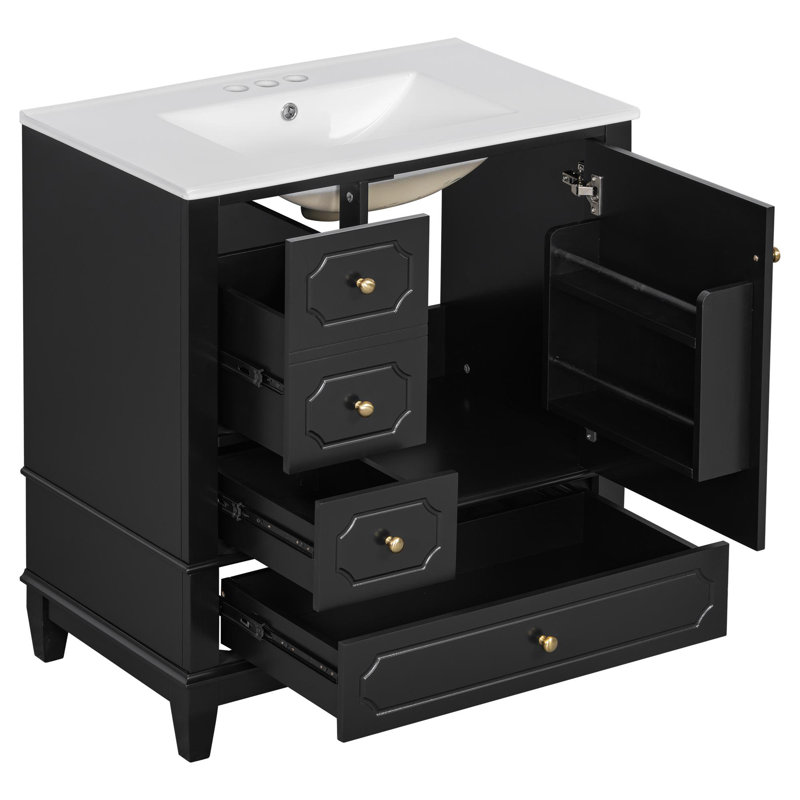 Meuble-lavabo de 30 po avec lavabo, meuble-lavabo autoportant noir avec lavabo en céramique, cadre en bois massif, porte et tiroirs à fermeture en douceur, panneau de fibres à densité moyenne peint et bois d'hévéa, tablettes de rangement incluses