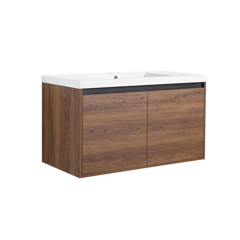 Meuble-lavabo mural moderne avec lavabo en résine, armoire de salle de bain 2 portes